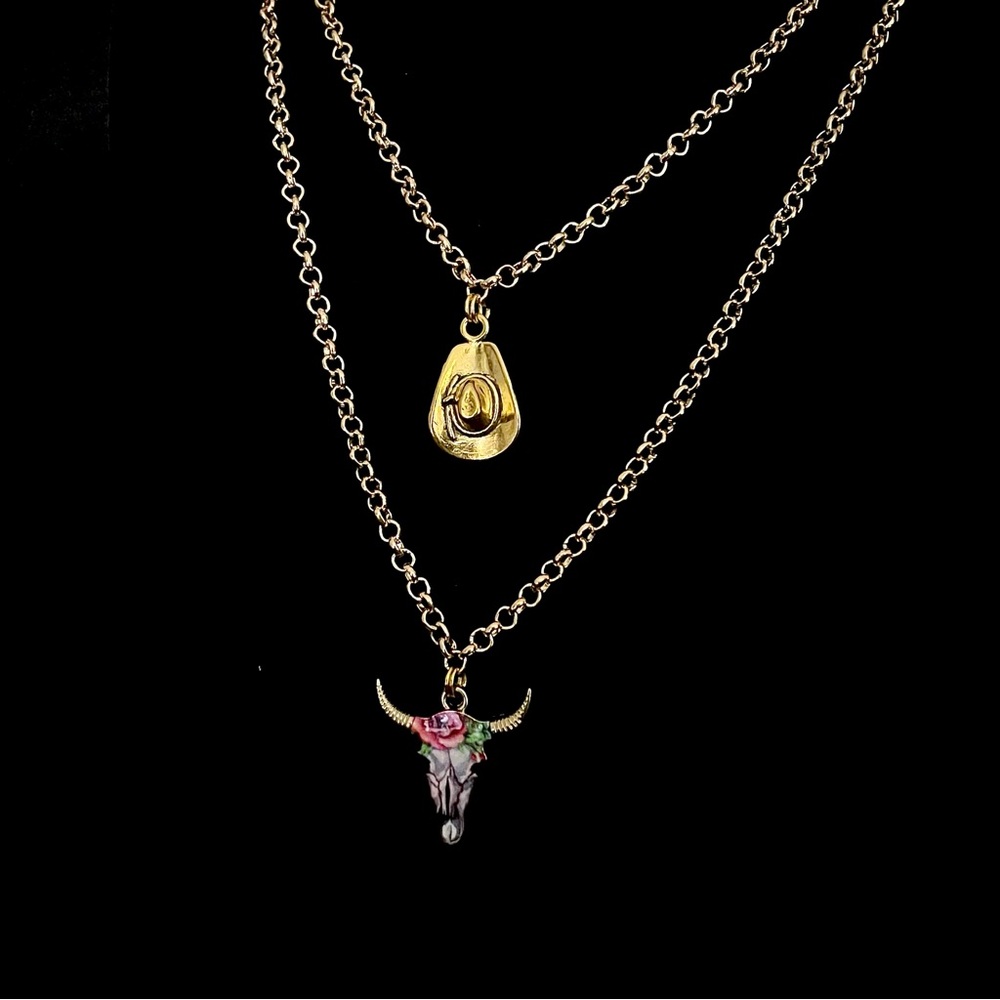 Handmade Gold Bull Skull & Cowboy Hat Layered Pendant Necklace